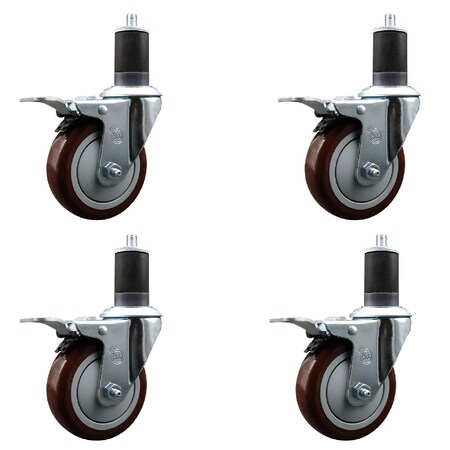 Service Caster 4'' Maroon Poly Swivel 1-5/8'' Expanding Stem Caster Set Total Lock Brake, 4PK SCC-EXTTL20S414-PPUB-MRN-158-4